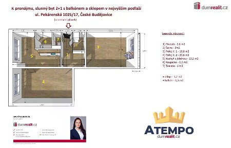 Pronájem bytu 2+1 64 m² Pekárenská, České Budějovice - České Budějovice 3