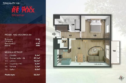 Pronájem bytu 2+kk 55 m² Praha - Prosek