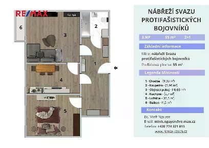 Prodej bytu 2+1 55 m² nábřeží Svazu protifašistických bojovníků, Ostrava - Poruba