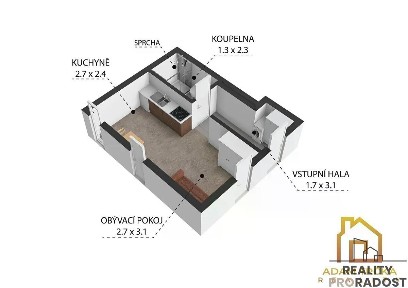Pronájem bytu 1+kk 25 m² Hradiska, Brno - Obřany
