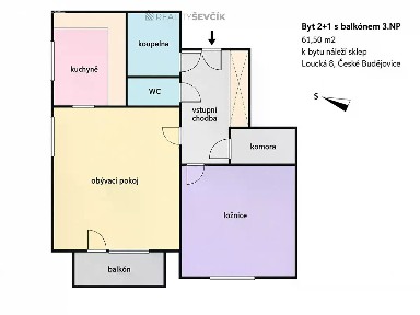 Pronájem bytu 2+1 61 m² Loucká, České Budějovice - České Budějovice 2