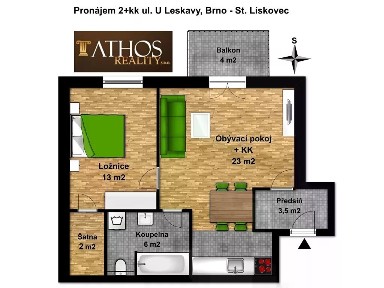 Pronájem bytu 2+kk 52 m² U Leskavy, Brno - Starý Lískovec