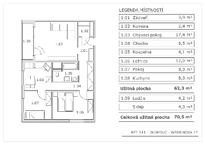 Pronájem bytu 3+1 62 m² Werichova, Olomouc - Nové Sady