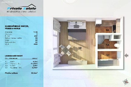 Pronájem bytu 1+kk 32 m² Kloboučnická, Praha - Nusle